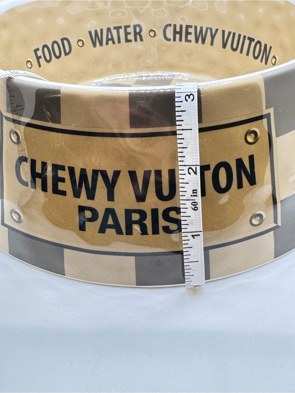 Chewy Vuiton Paris Dog Bowl Tan & Brown Checkered “Luxury” Pet Food Water Bowl - Picture 7 of 8